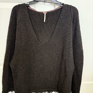 Free People Black V-Neck Sweater with Long Sleeves